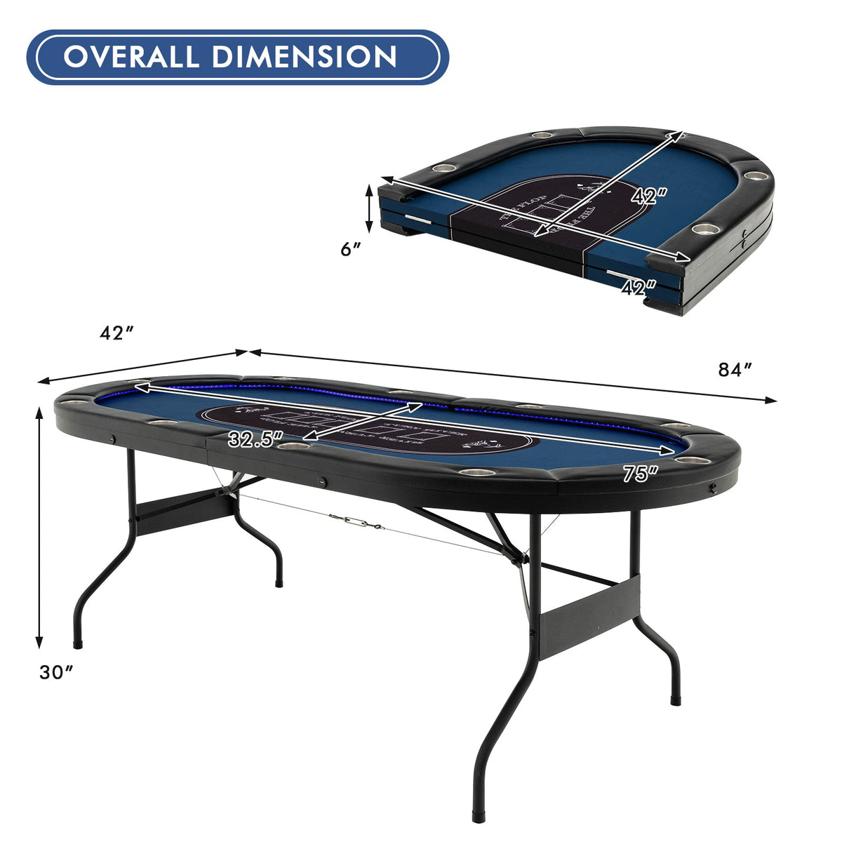 10-Player Foldable Poker Table with LED Lights & USB Ports